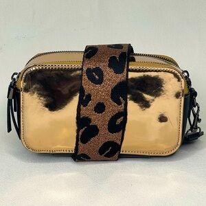 Crossbody Bag Metallic Rose Gold Black Zipper Wide Strap Animal Print Purse